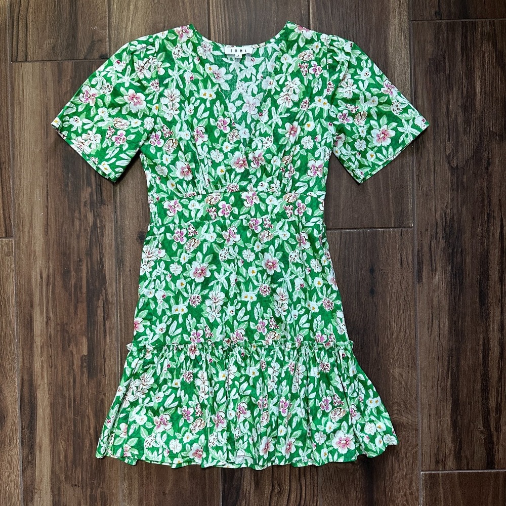 THML Womens Dress Sz SM Green White Floral Short Sleeve Pockets Cotton